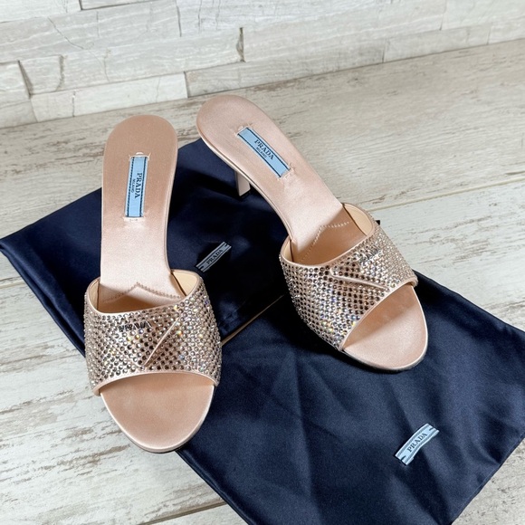 PRADA Modellerie 75MM Crystal Embellished Satin Mules Heels Sandals SZ 38 Blush - Picture 1 of 16